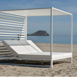 Lit de jardin Balinaise SANTORINI-D Finition BLANC Tissus BLANC DRALON de 2 places